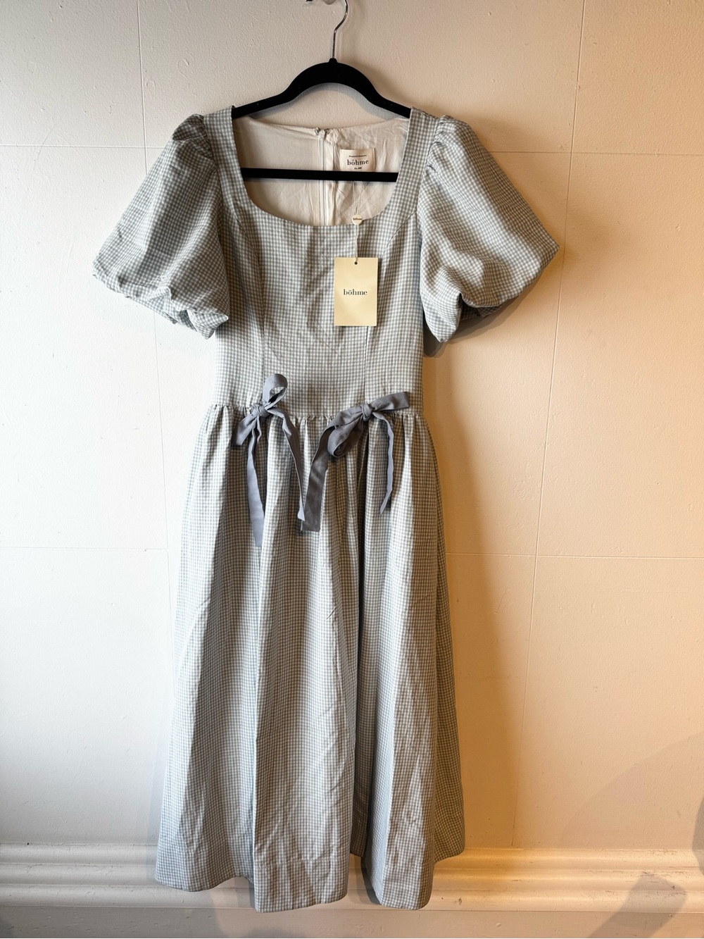 Boheme Light Blue Gingham Maxi Dress with Square Neck and Puff Sleeves - Picture 6 of 13